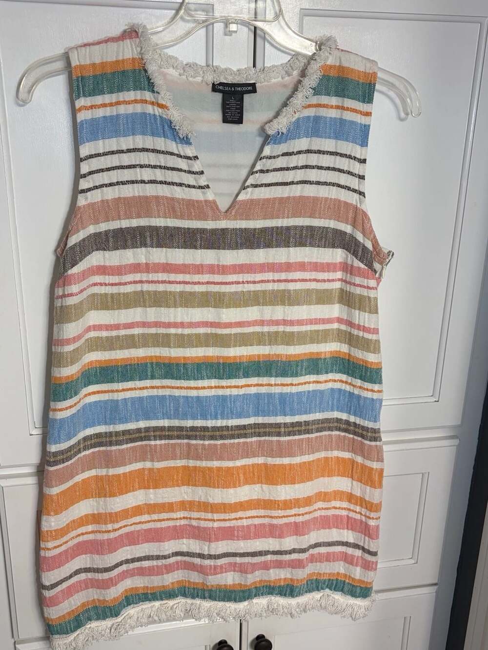 Chelsea & Theodore BOHO Multi-Color Striped Fringed V-Neck Sleeveless Dress, L
